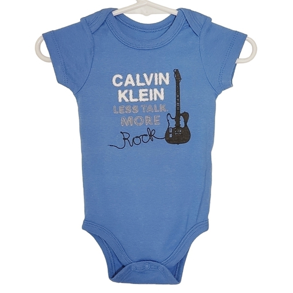 K1070 * Calvin Klein Boy's Less Talk More Rock Bodysuit Blue Size 3/6M